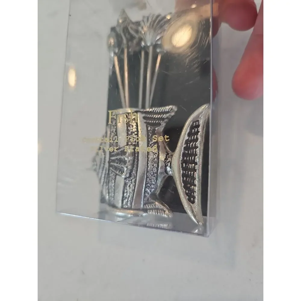 Spain Silver Plated Cocktail Appetizer Hors D' Oeuvre Fish Holder & 6 Mini Forks